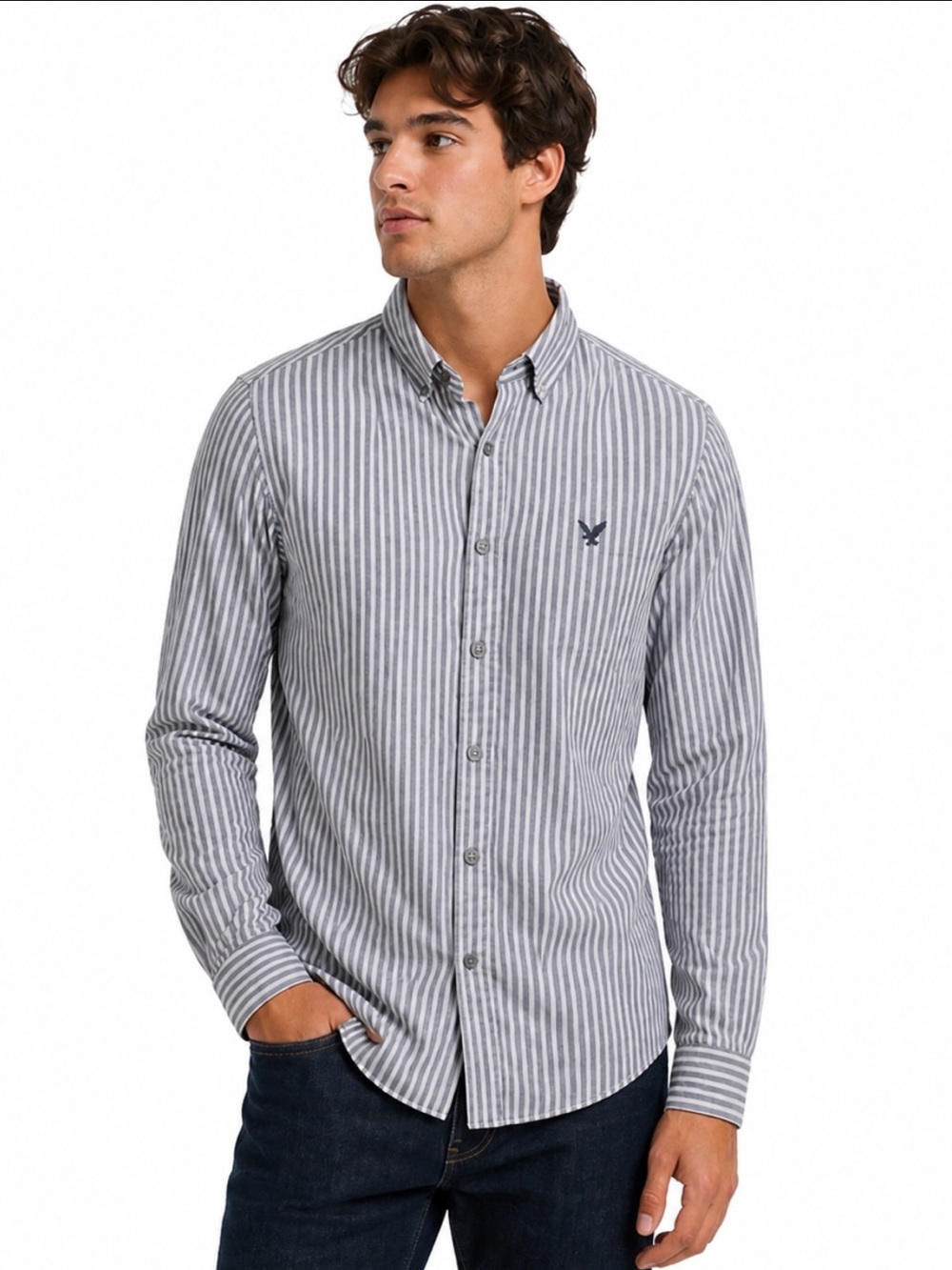 American Eagle Vintage Fit Striped Button Down Shirt Gray Cotton Men’s L